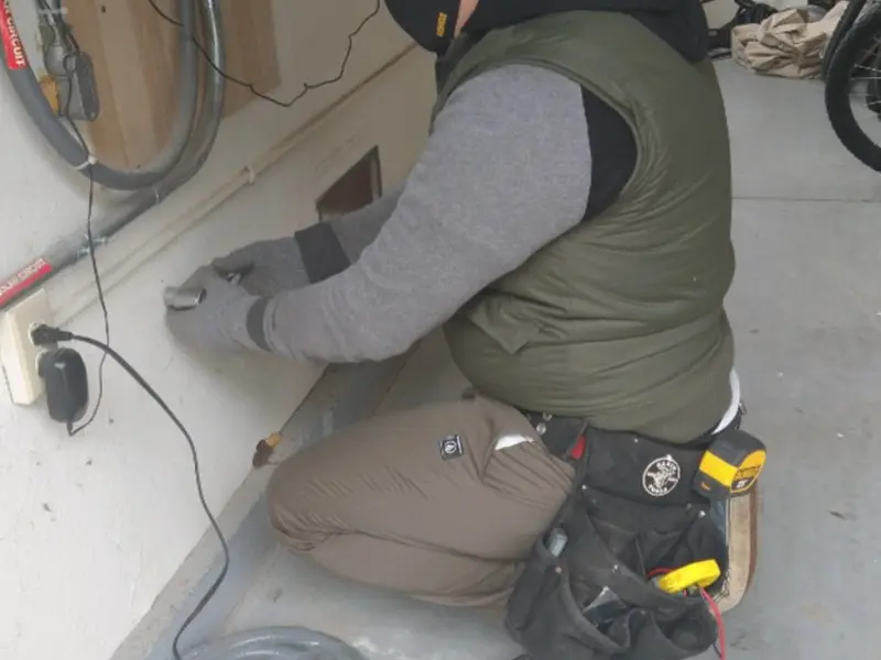 Electrician performing outlet wiring in a Olga garage